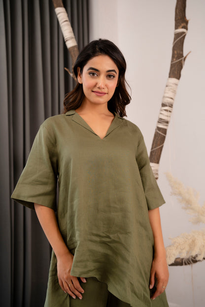 Asymmetrical Linen Blouse with Loose Pant Set