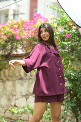 Wine Folded Hem Linen Shorts