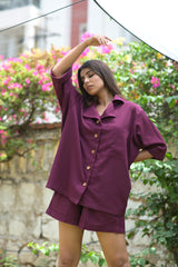 Wine Folded Hem Linen Shorts