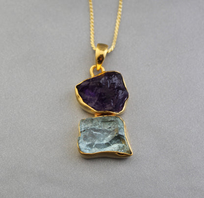 Raw Aquamarine Necklace, Raw Amethyst Pendant