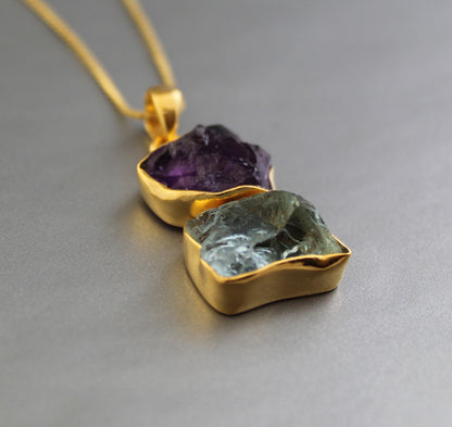 Raw Aquamarine Necklace, Raw Amethyst Pendant