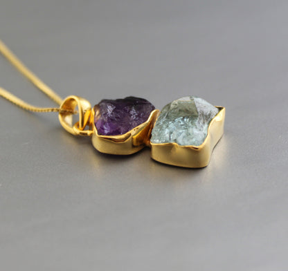 Raw Aquamarine Necklace, Raw Amethyst Pendant