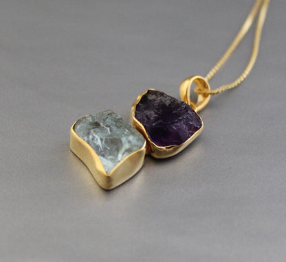 Raw Aquamarine Necklace, Raw Amethyst Pendant