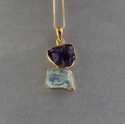 Raw Aquamarine Necklace, Raw Amethyst Pendant