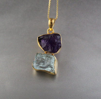 Raw Aquamarine Necklace, Raw Amethyst Pendant