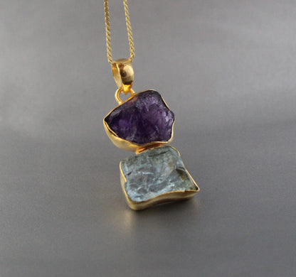 Raw Aquamarine Necklace, Raw Amethyst Pendant