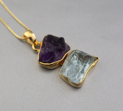 Raw Aquamarine Necklace, Raw Amethyst Pendant