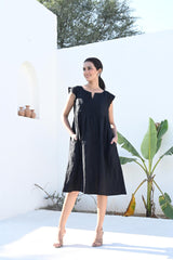 Black Midi Linen Dress with Pin-Tuck Detailing
