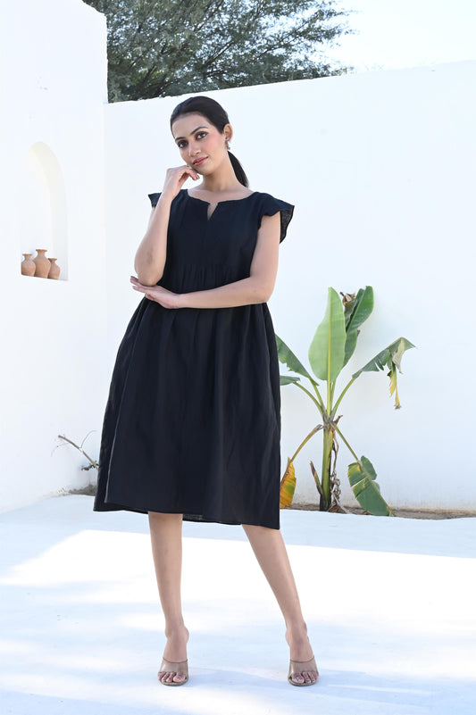 Black Midi Linen Dress with Pin-Tuck Detailing