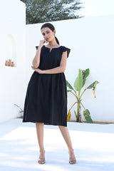 Black Midi Linen Dress with Pin-Tuck Detailing