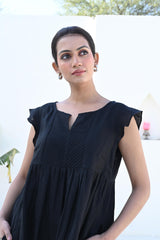 Black Midi Linen Dress with Pin-Tuck Detailing