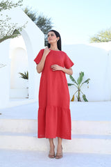 Terracotta Tiered Linen Midi Dress