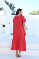 Terracotta Tiered Linen Midi Dress