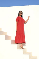 Terracotta Tiered Linen Midi Dress