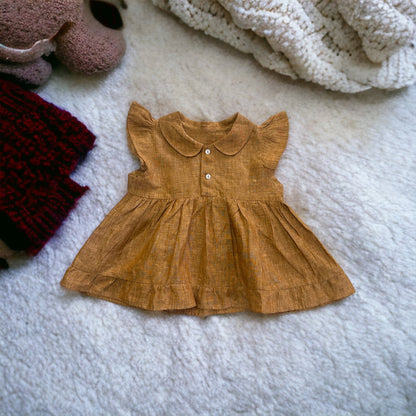 Mustard Peter Pan Collar Linen Baby Dress with Soften Elastic Bloomer