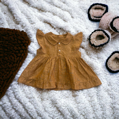 Mustard Peter Pan Collar Linen Baby Dress with Soften Elastic Bloomer