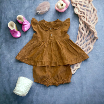 Mustard Peter Pan Collar Linen Baby Dress with Soften Elastic Bloomer