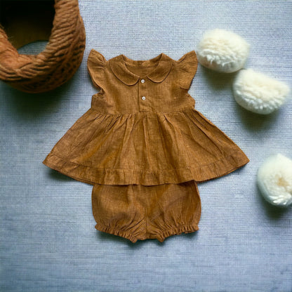 Mustard Peter Pan Collar Linen Baby Dress with Soften Elastic Bloomer