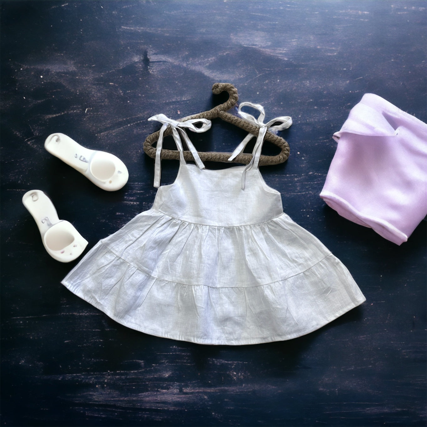 White Linen Sleeveless Toddler Boho Dress With Ties