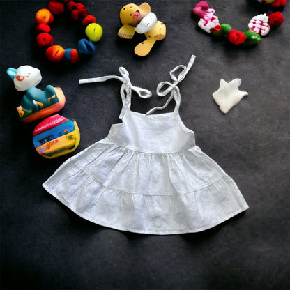 White Linen Sleeveless Toddler Boho Dress With Ties