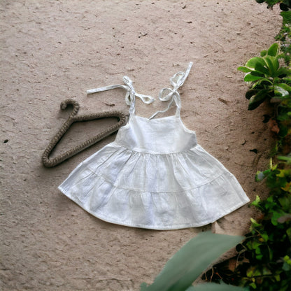 White Linen Sleeveless Toddler Boho Dress With Ties