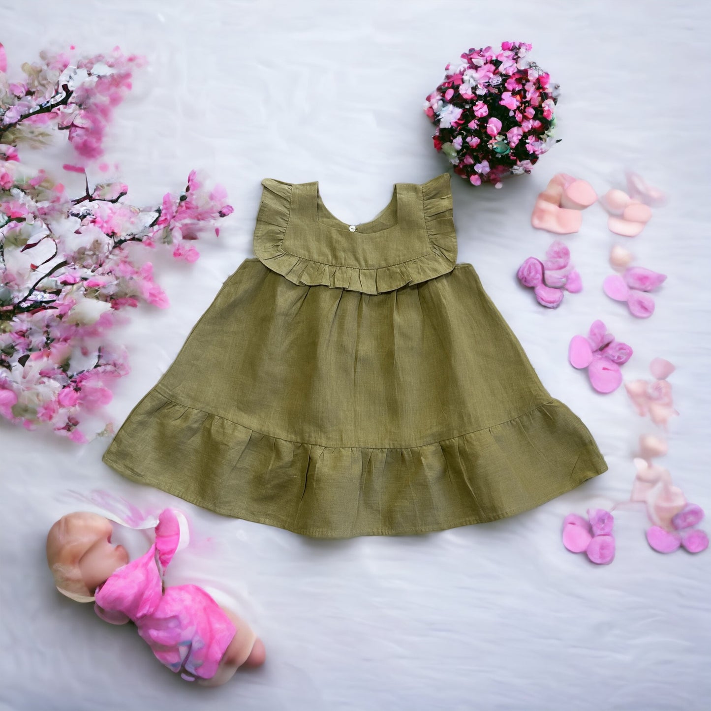 Olive Linen Baby Sleeveless Toddler Boho Dress