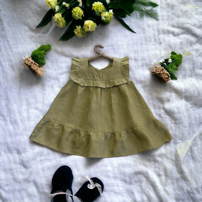 Olive Linen Baby Sleeveless Toddler Boho Dress