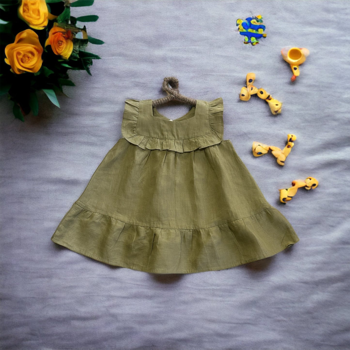 Olive Linen Baby Sleeveless Toddler Boho Dress