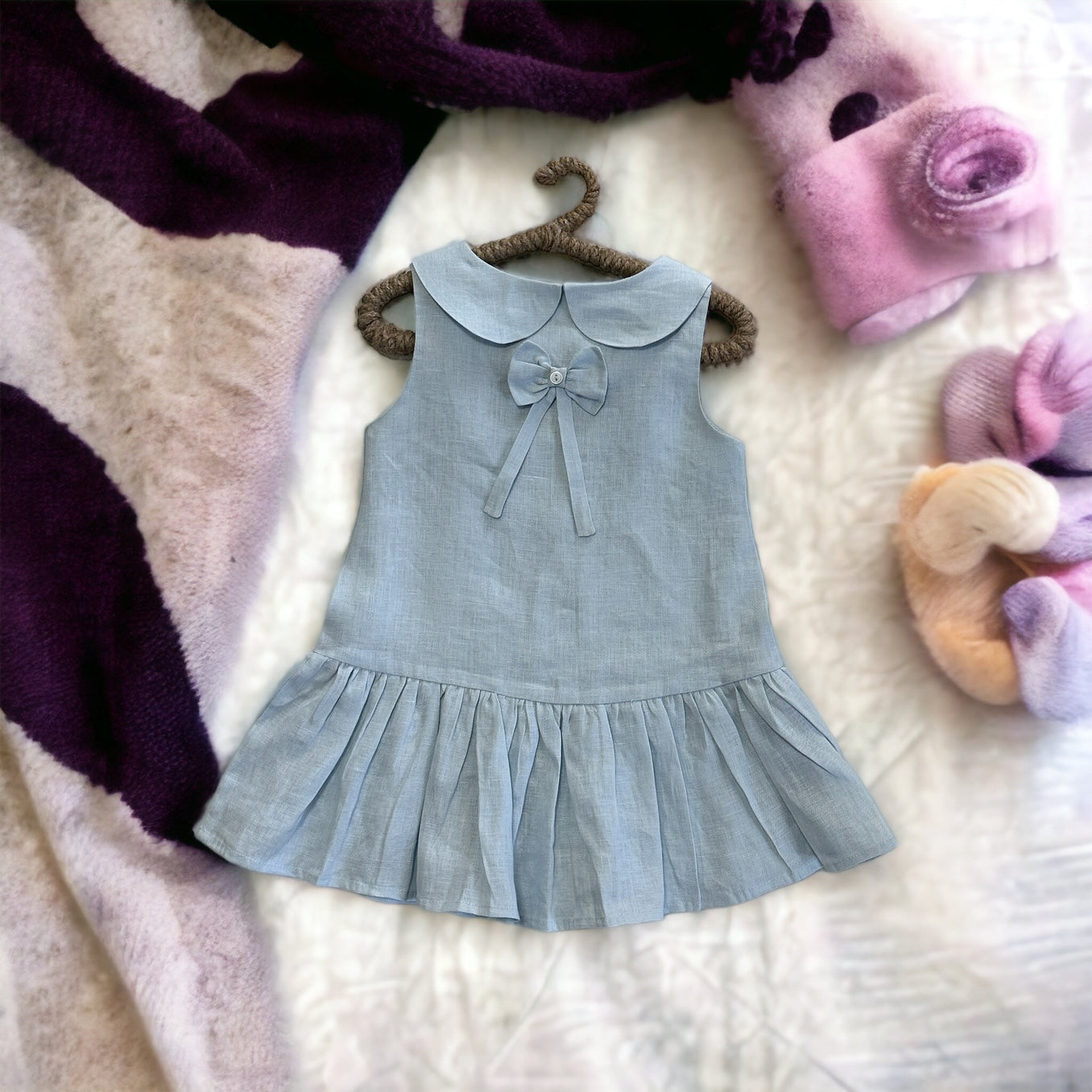 Blue Sleeveless Peter Pan Collar Baby Shower Linen Dress