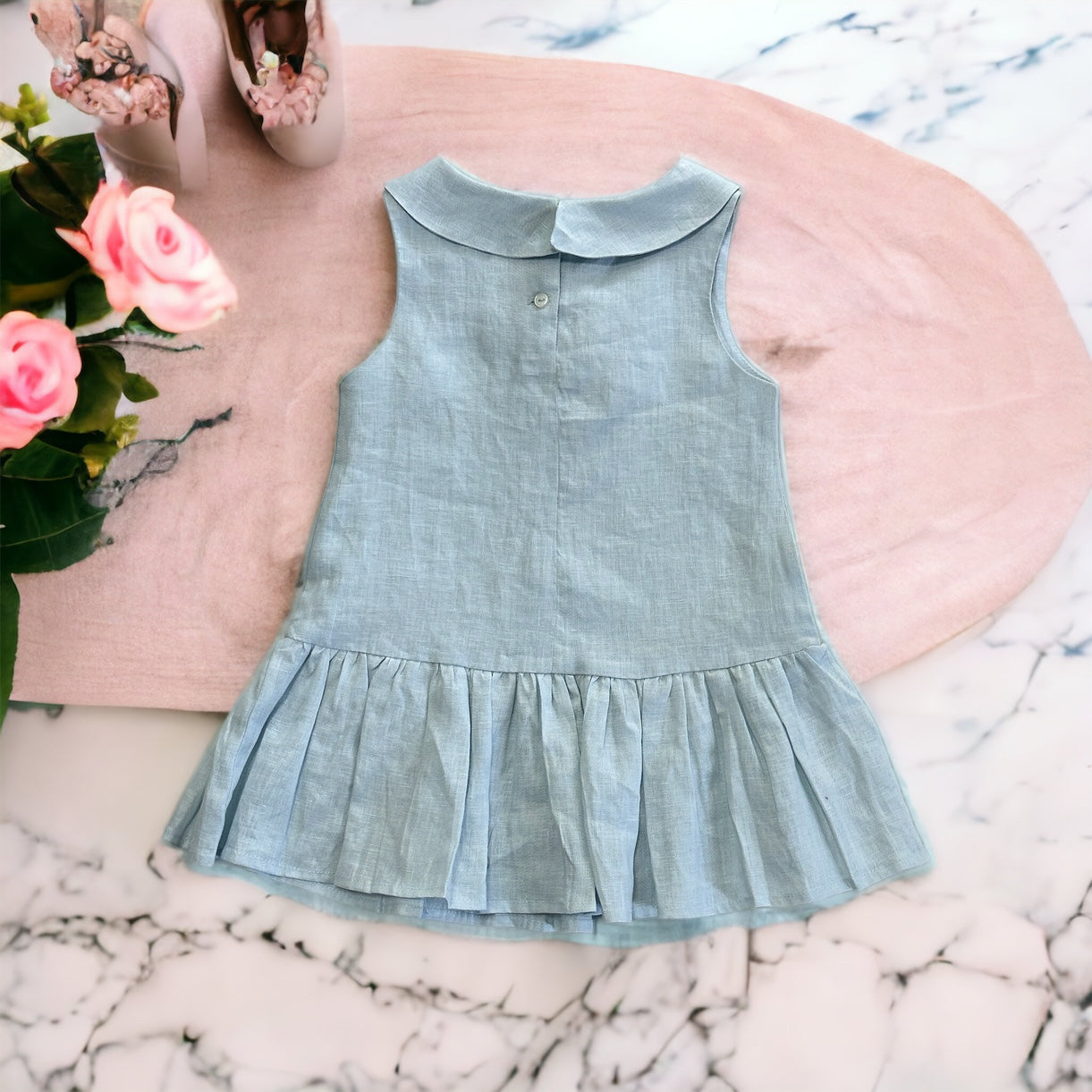 Blue Sleeveless Peter Pan Collar Baby Shower Linen Dress