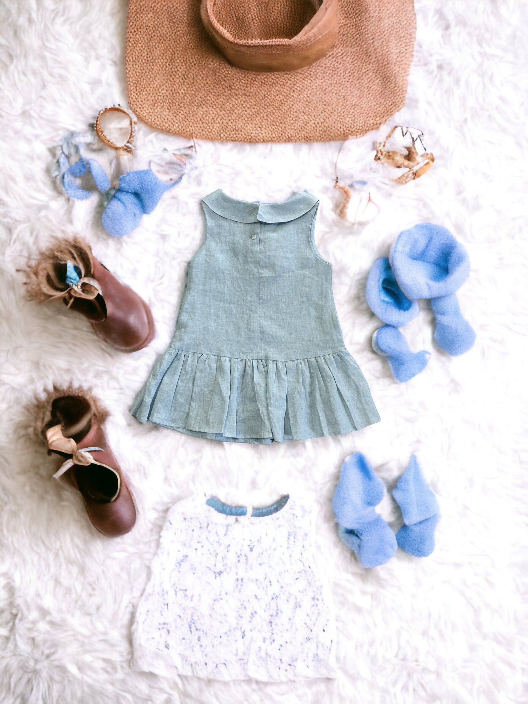 Blue Sleeveless Peter Pan Collar Baby Shower Linen Dress