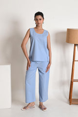 Muted Sky Blue Sleeveless Linen Tank Top with Scoop Neckline