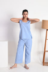 Muted Sky Blue Sleeveless Linen Tank Top with Scoop Neckline