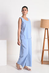 Muted Sky Blue Sleeveless Linen Tank Top with Scoop Neckline