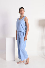 Muted Sky Blue Sleeveless Linen Tank Top with Scoop Neckline