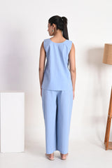 Muted Sky Blue Sleeveless Linen Tank Top with Scoop Neckline