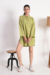 Lime Olive Kurta with Mandarin Collar and Button Placket