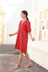Blood Red Linen V-Neck Knee-Length Dress