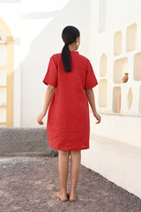 Blood Red Linen V-Neck Knee-Length Dress