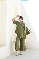 Moss Green Asymmetric Linen Top