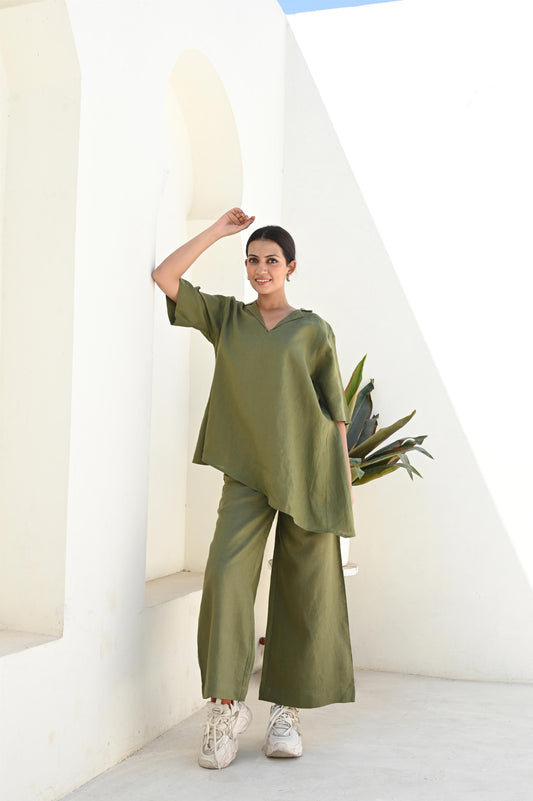 Moss Green Wide-Leg Linen Pants