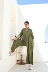 Moss Green Wide-Leg Linen Pants