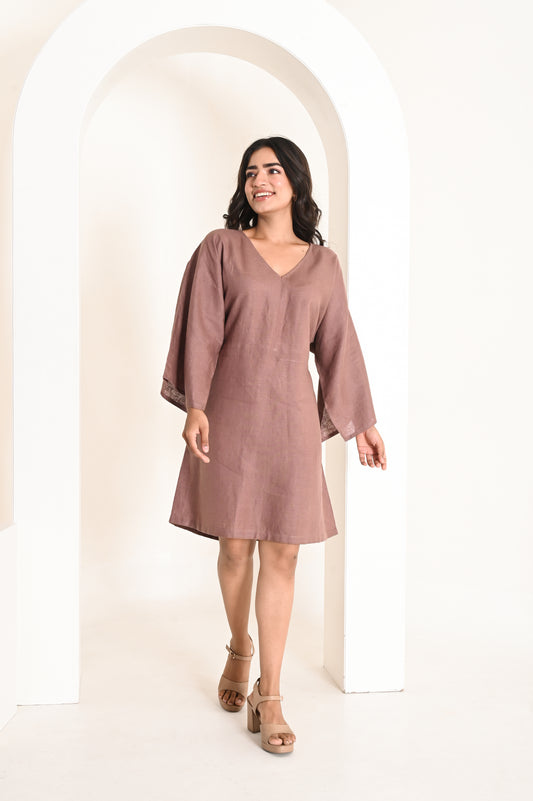 Burnt Wood Flared Linen Short Dress
