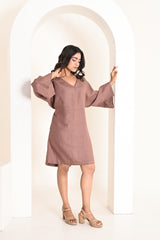 Burnt Wood Flared Linen Short Dress