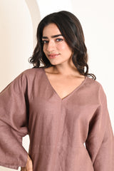 Burnt Wood Flared Linen Short Dress