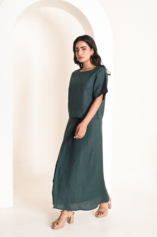 Deep Green Linen Crop Top & Slit Skirt