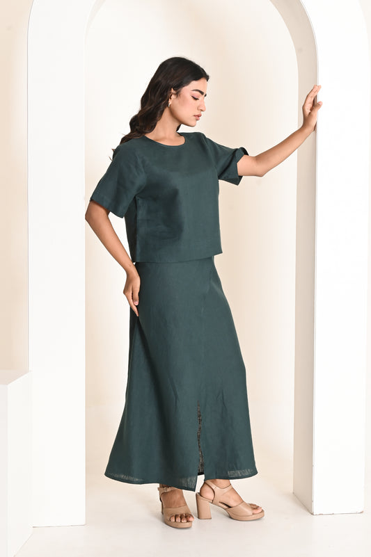 Deep Green Linen Front Slit Skirt
