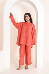 Terracotta Oversized Button-Down Linen Shirt
