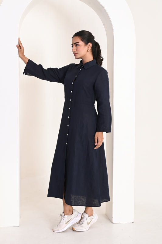 Navy Blue Button-Down Linen Shirt Dress