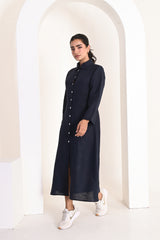 Navy Blue Button-Down Linen Shirt Dress